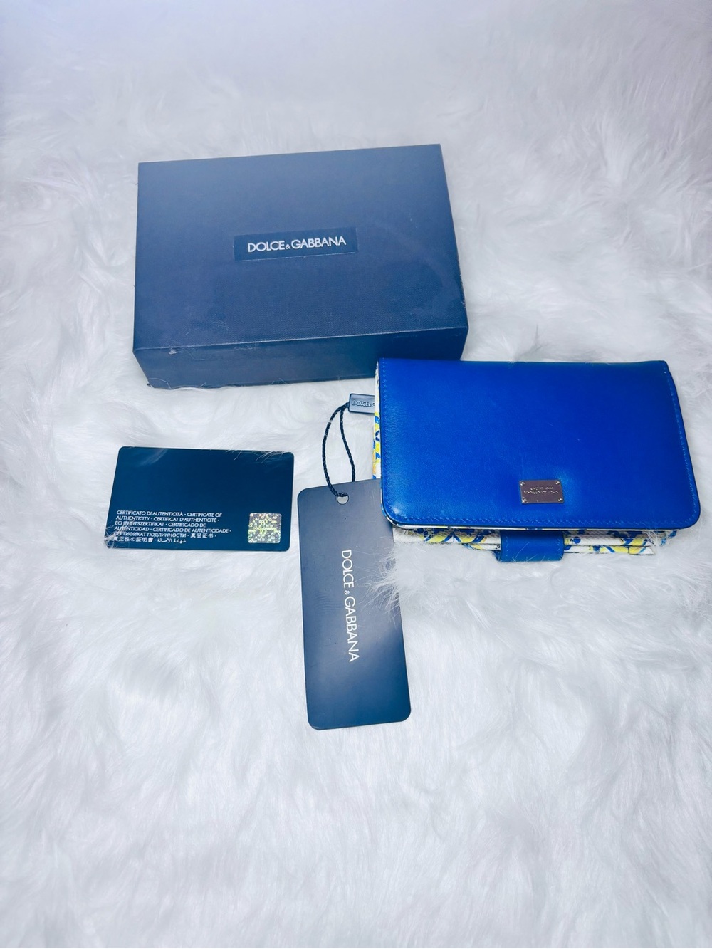 Dolce & Gabbana Cobalt Blue Leather Card Wallet with Majolica print.